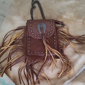 Fringe Crossbody Bag Brown FAUX Leather with Metal La Catrina NWOT